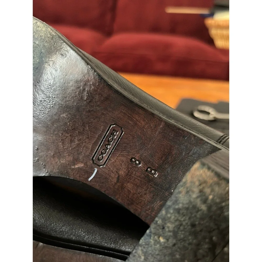 Coach Women's Black Leather Knee High Riding Boots Round Toe Buckle Logo Size 8B